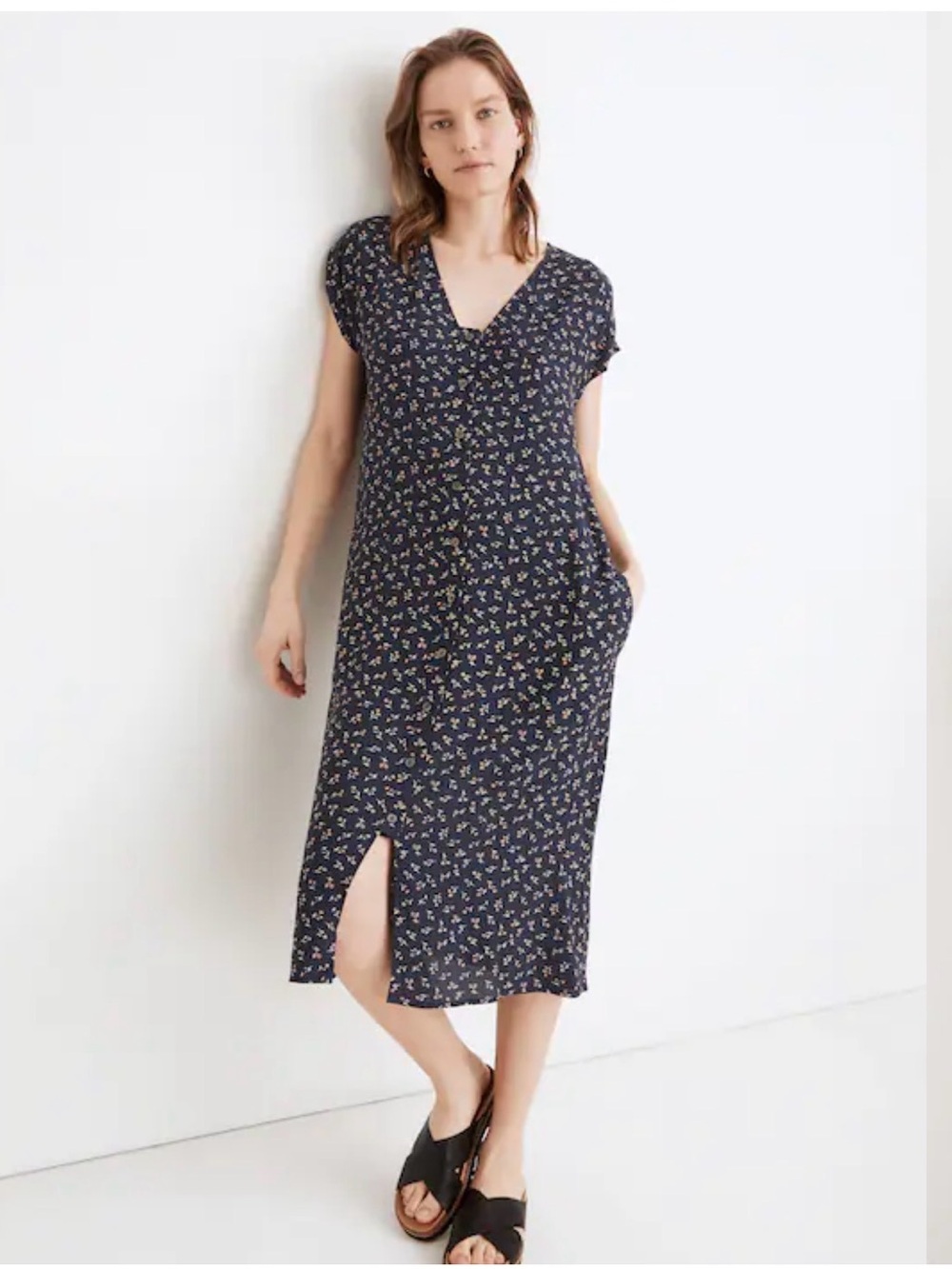 Madewell dress easy midi button Navy fall Floral V-Neck spring fling pockets XL
